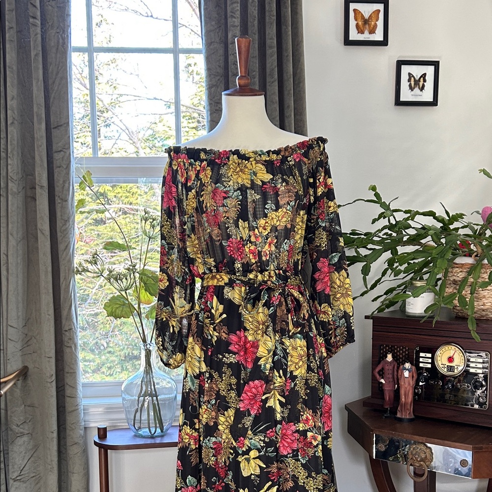 Floral Long Sleeve, Off-Shoulder Dress with Belt